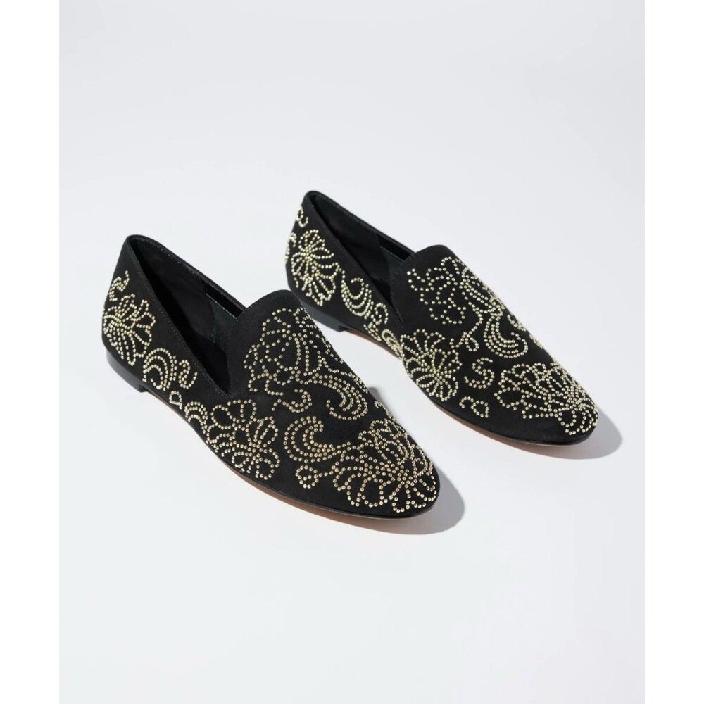 New Chico's Embellished Loafers Black Gold Color Metal Studs Loafer Size 9